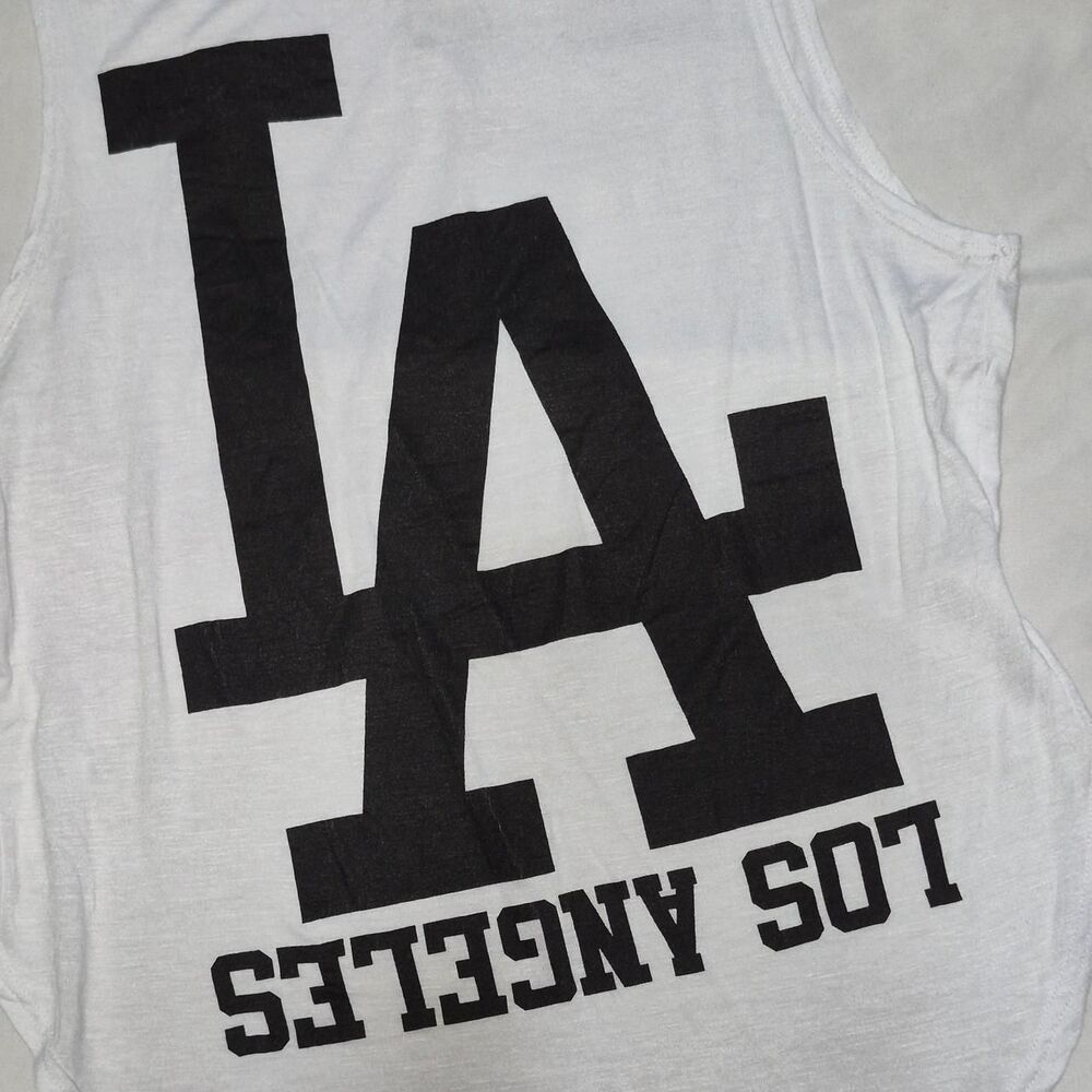 K.JEN Women's White Los Angeles Graphic Cutout Back Semi-Sheer Tank Top Size S